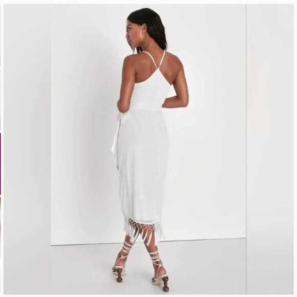 lulu's | Fun Affair White Floral Embroidered Tassel Midi Wrap Dress - Picture 3 of 10
